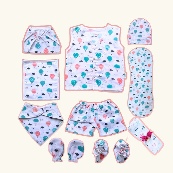 Comfort Parachute Theme Newborn Combo Set – Soft Cotton Jabla, Nappy, Cap, Mittens, Booties & Burp Cloth – Gentle Essentials for 0 to 12 Months – Ideal for Gifting & Everyday Comfort