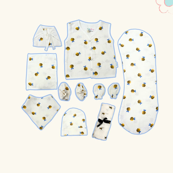 Premium Honeybee Newborn Combo Set – Soft Cotton Jabla, Nappy, Cap, Mittens, Booties & Burp Cloth– Perfect for Gifting & Everyday Comfort 🐝💛