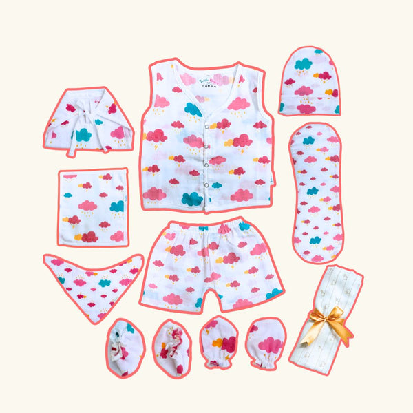 Premium Red Cloud Newborn Combo Set – Soft Cotton Jabla, Nappy, Cap, Mittens, Booties & Burp Cloth – Cozy Essentials for 0 to 6 Months – Perfect for Gifting & Everyday Comfort