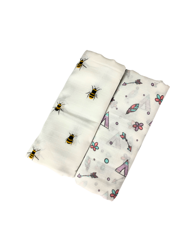 Cotton Muslin -Honeybee Print Swaddle Wrap for New Born Baby Boy and Girl, Soft Swaddle Cloth for New Born, New Born Swaddle, Size 75 cm*150 cm-Pack Of 2